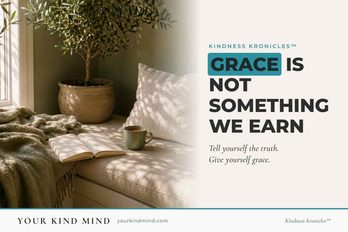 Sunlit window seat with an open journal, a mug of tea, a linen pillow and an olive tree in a clay pot, with the words Grace Is Not Something We Earn