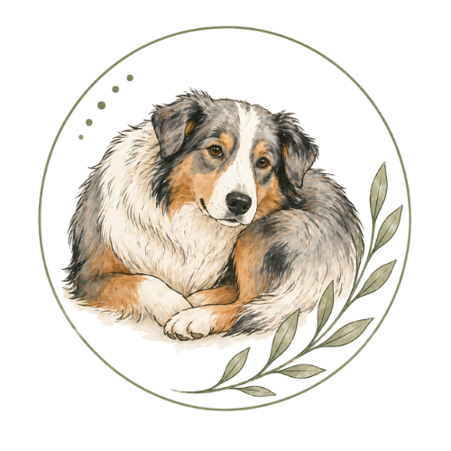 Illustration of a Australian Shepherd dog with a circular frame and leaf pattern