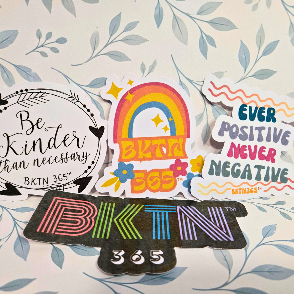 Set of colorful stickers with 'BKTN 365' branding on a floral background