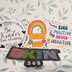 Set of colorful stickers with 'BKTN 365' branding on a floral background