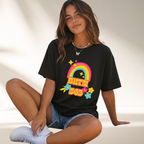 Be Kinder Than Necessary 365 Shirt featuring a colorful retro rainbow and flowers printed on a black unisex graphic t-shirt.
