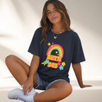 Be Kinder Than Necessary 365 Shirt featuring a colorful retro rainbow and flowers printed on a navy unisex graphic t-shirt.