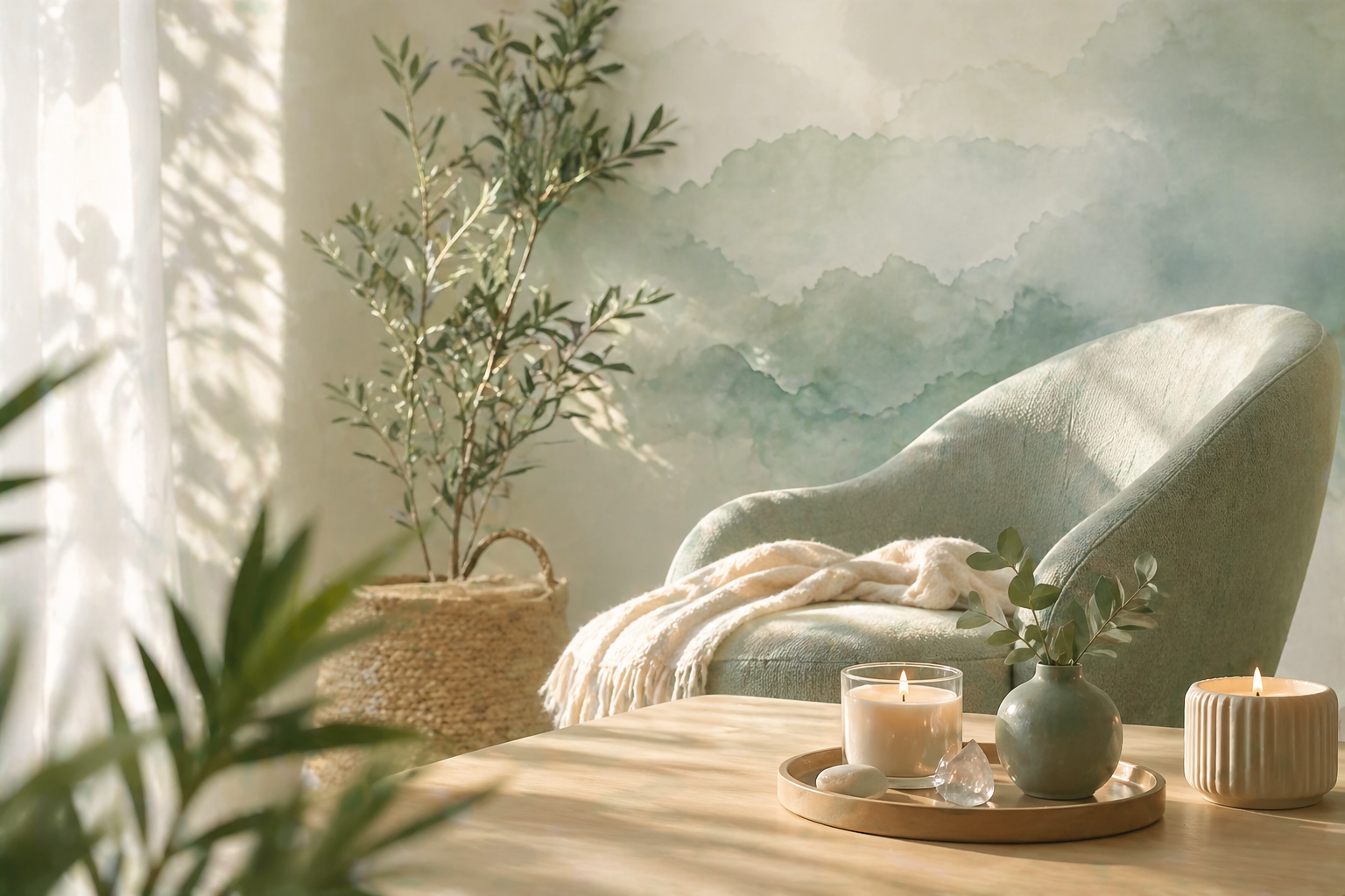calm and peaceful space with chair, candles, and plants representing reflection and personal growth