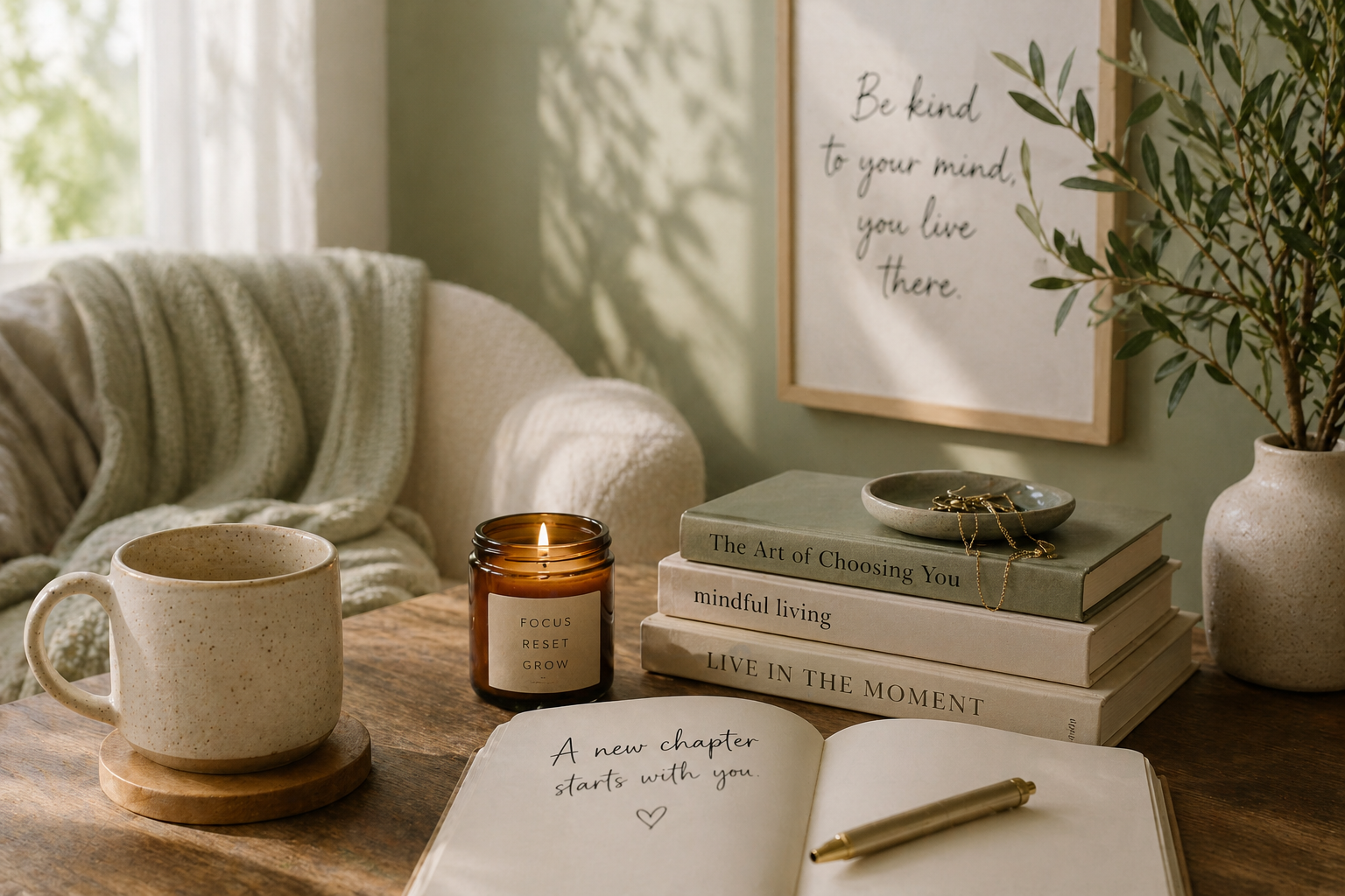 calm journaling space with tea, books, and soft light symbolizing coming home to yourself