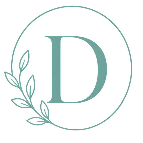 Teal 'D' monogram with leaves inside a circle on a white background