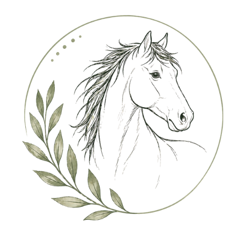 Line drawing of a horse's head surrounded by leaves on a white background