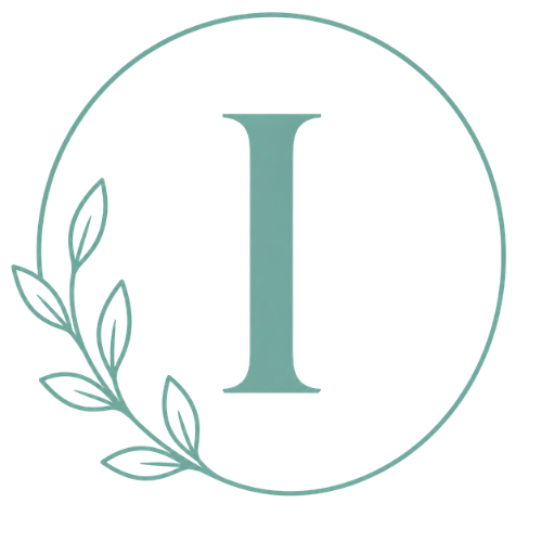 Teal letter 'I' with leaf design inside a circle on a white background