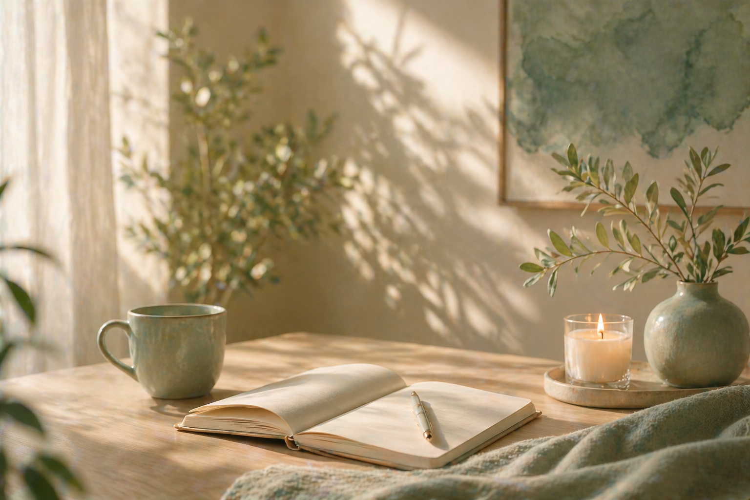 open journal with tea and candle in soft light representing reflection and a personal invitation to begin