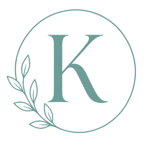 Logo with the letter 'K' inside a circular frame with leaf designs on a white background