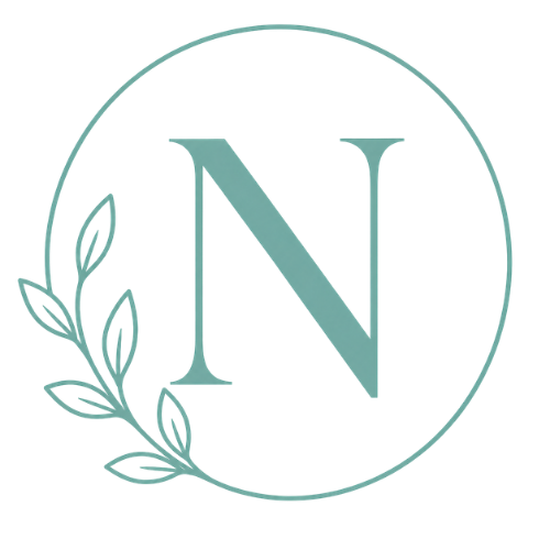 Teal letter 'N' with leaf designs inside a circle on a white background