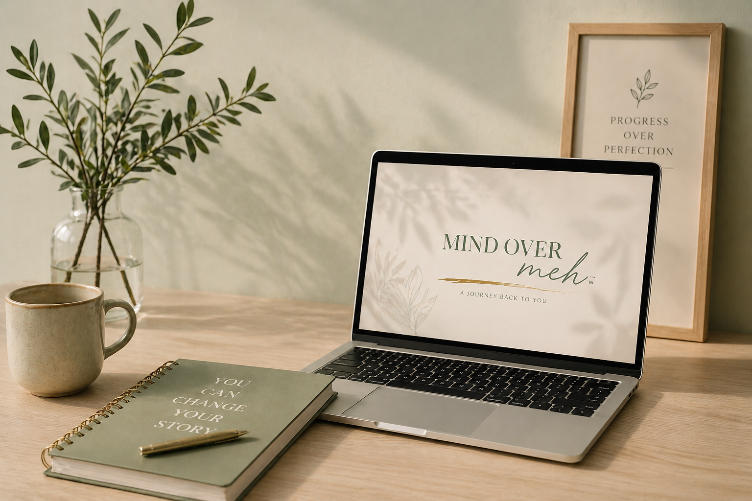 calm workspace with laptop and journal representing personal growth and self-leadership program