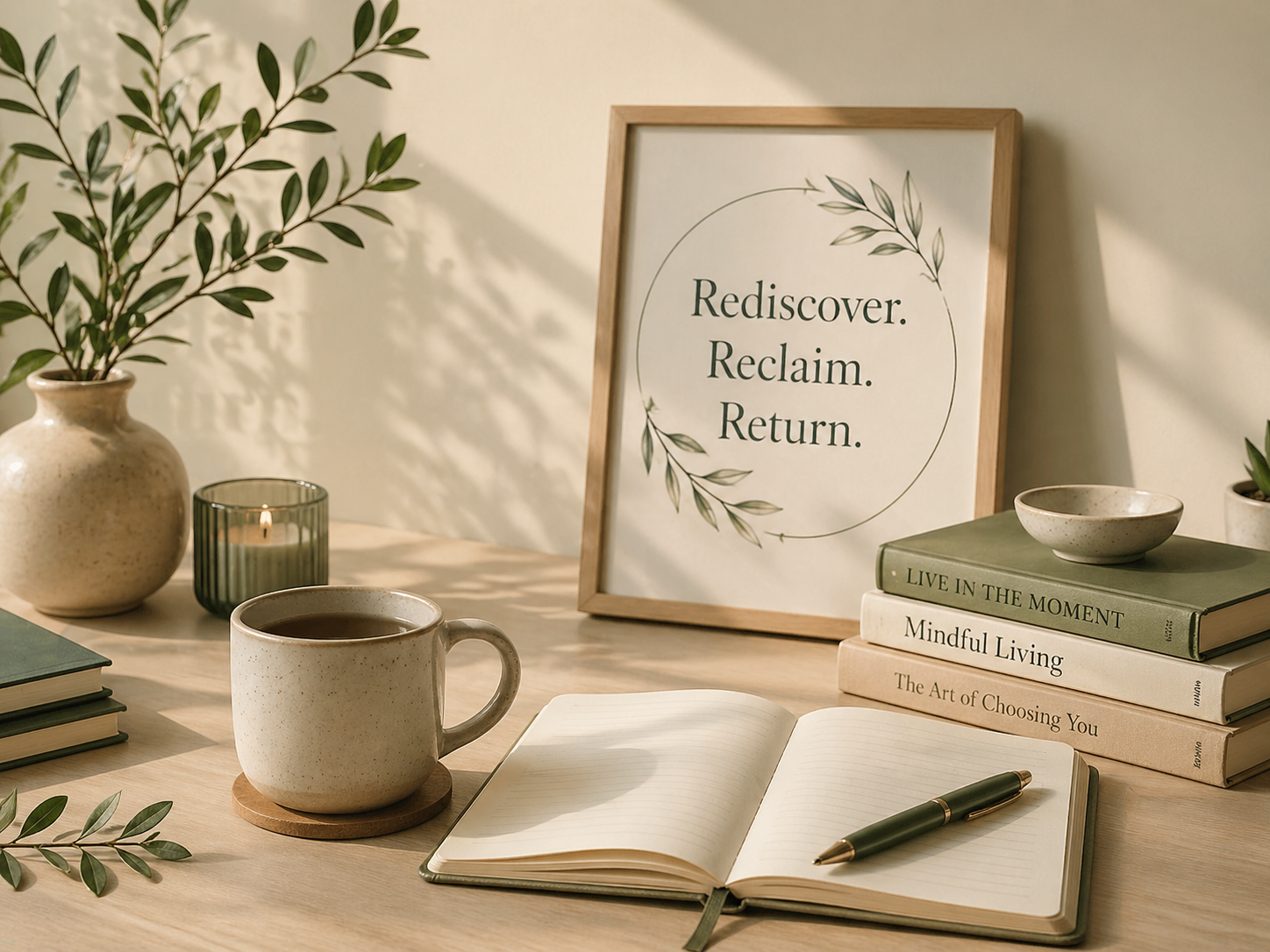 calm workspace with journal, tea, and books representing reflection and personal transformation