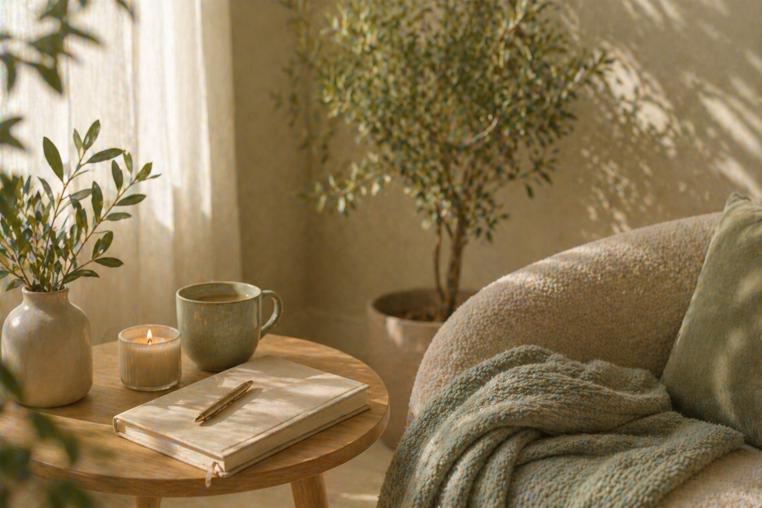 cozy chair with journal, candle, and tea in soft light representing a safe and welcoming space for reflection