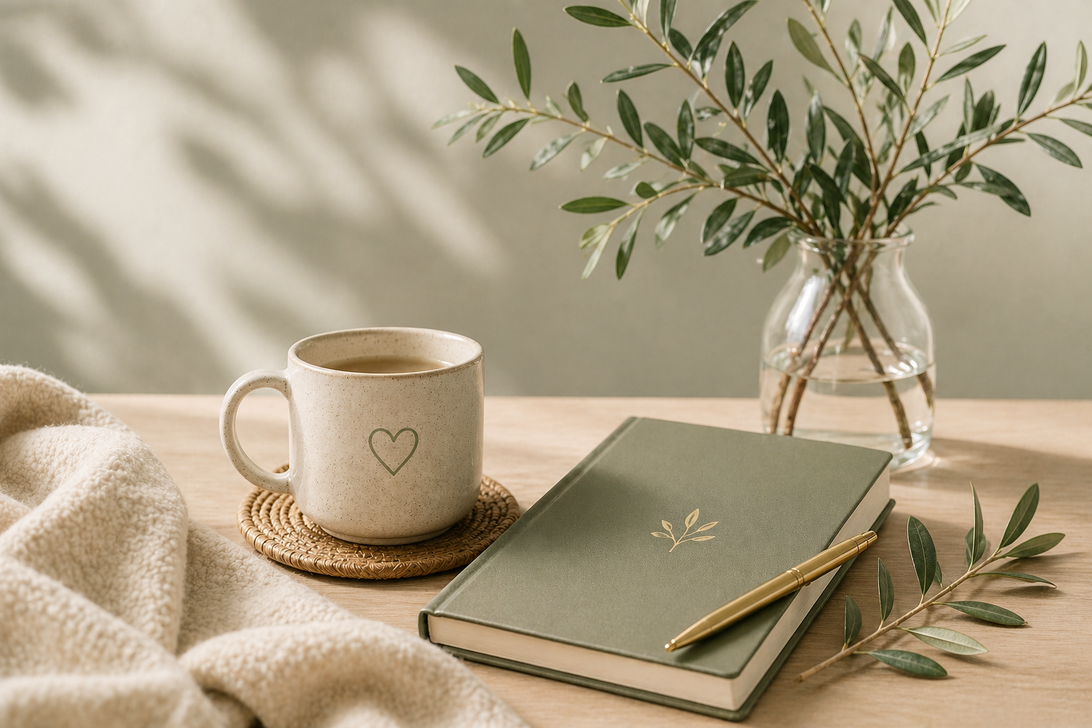 journal and tea in soft light representing calm reflection and personal transformation