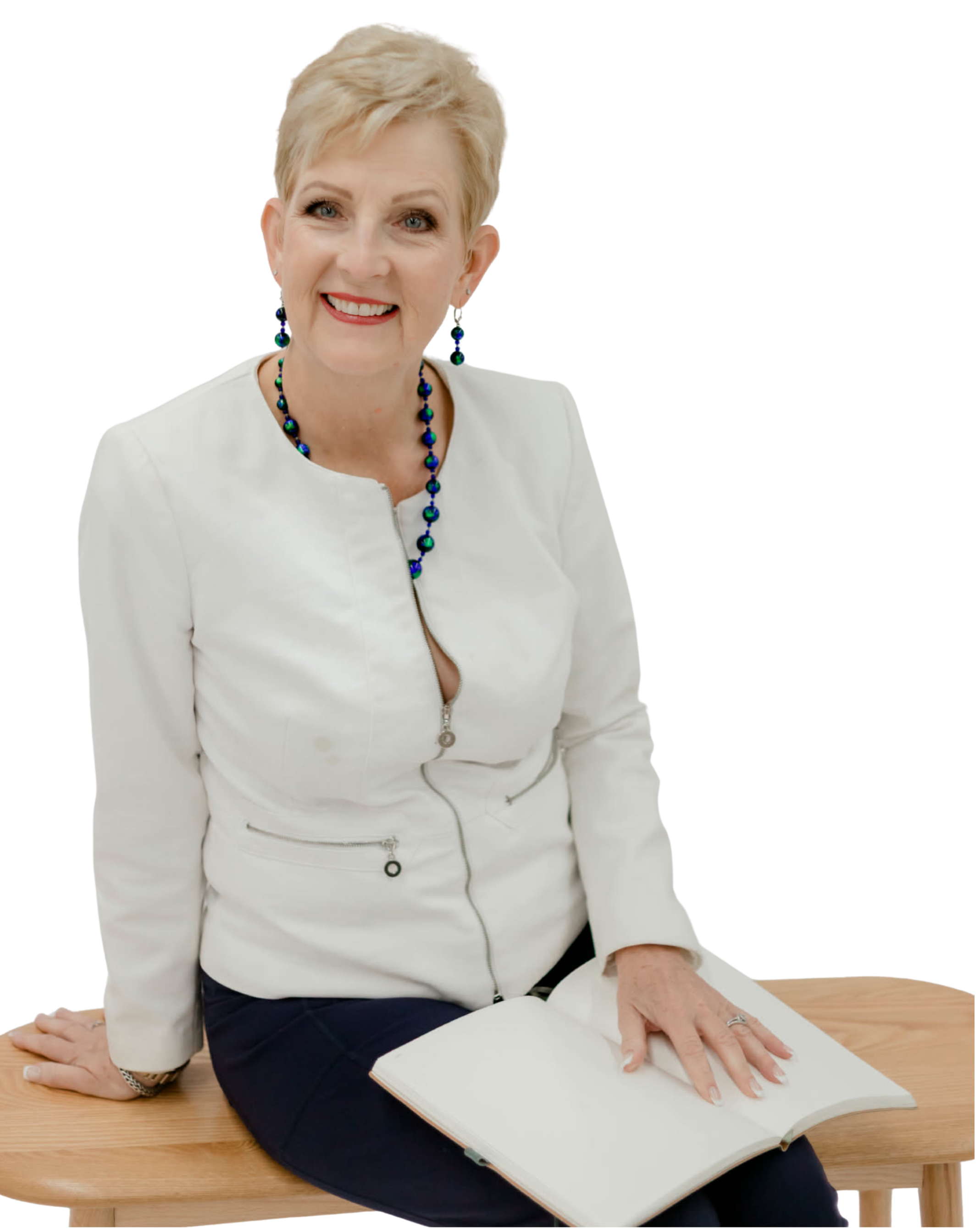 Woman sitting on a wooden bench with a white background