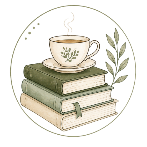 Illustration of a cup of tea on books with a decorative border