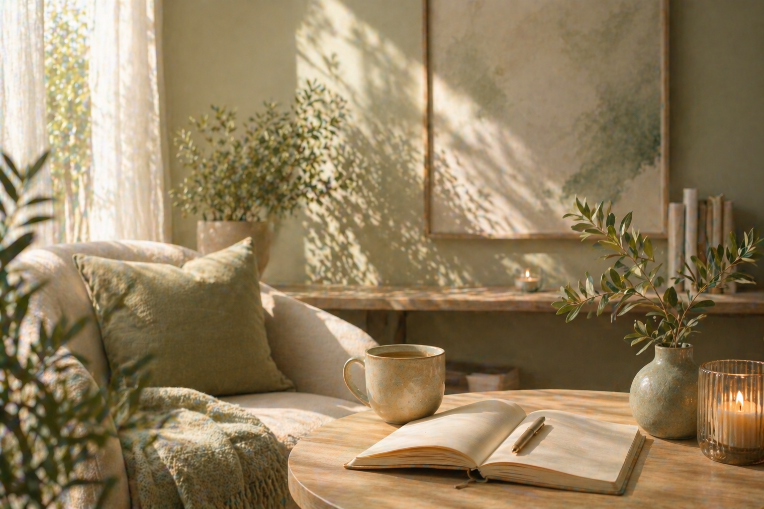 cozy and inviting space with journal, tea, and soft lighting representing reflection and a welcoming place to connect