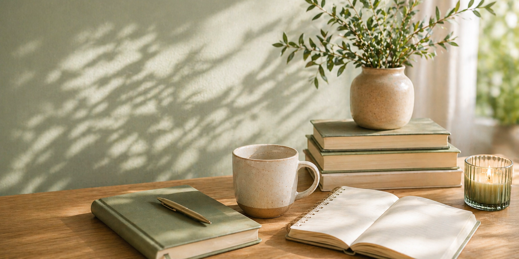calm workspace with journal, tea, and books representing personal growth and mindful reflection