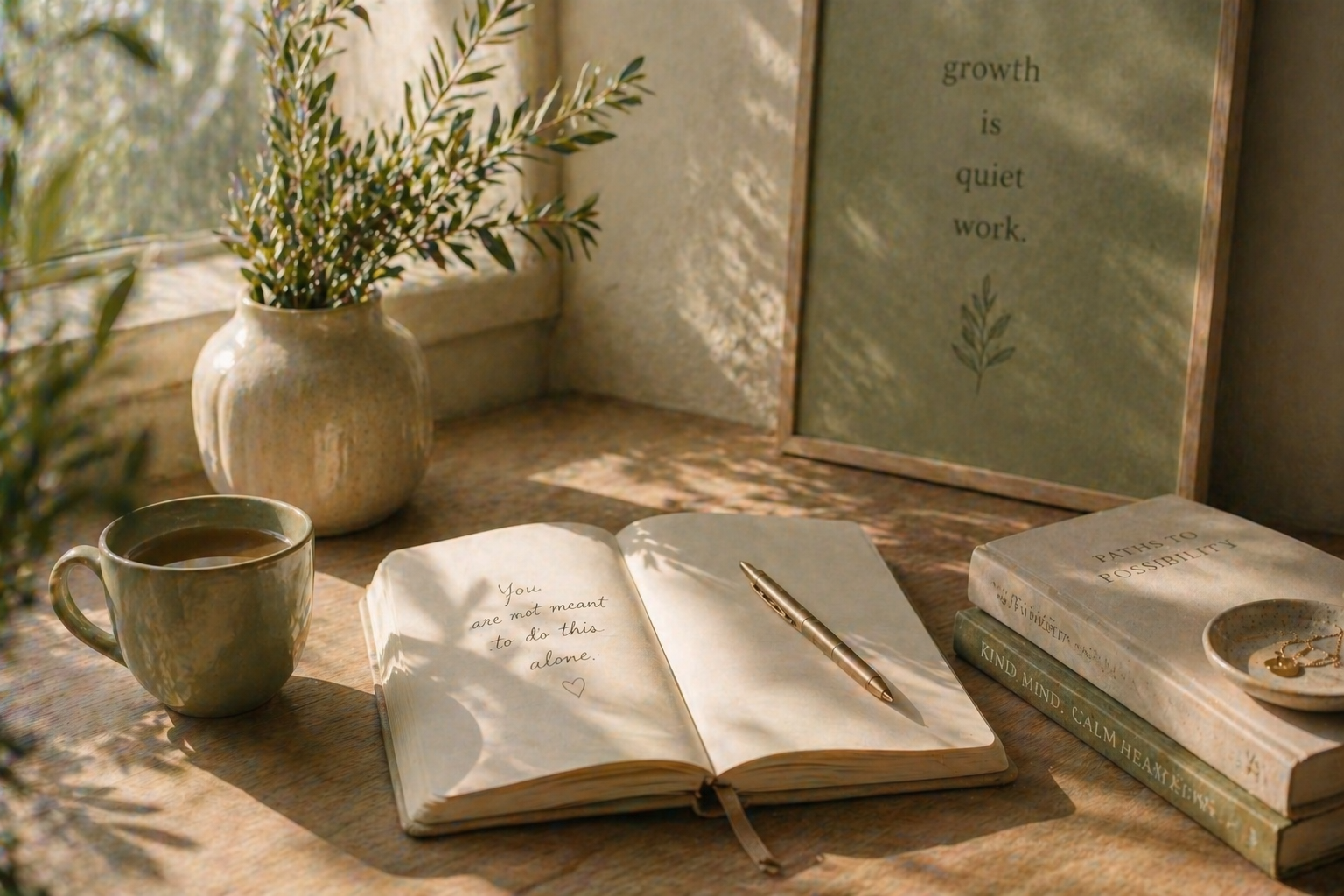 open journal with handwritten message and tea in warm light representing support, reflection, and not navigating life alone